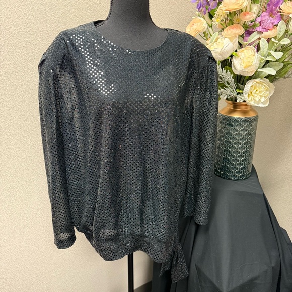 R&K Tops - R&K Evenings Black Sequin Metallic Blouse 20W Long Sleeve Party Holiday Top